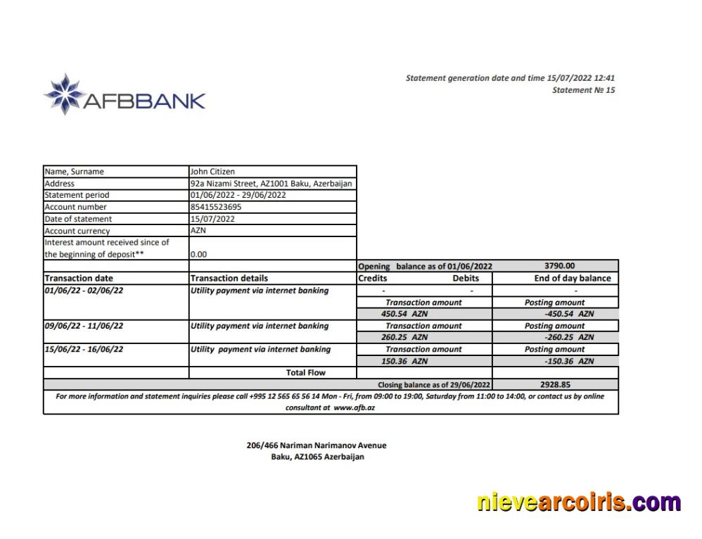 Azerbaijan Afbbank bank statement in Excel and PDF format